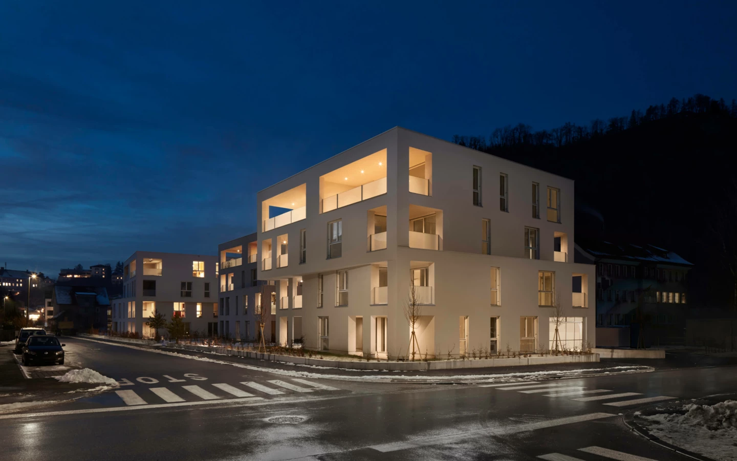 Wohnanlage Zürcherstrasse Bludenz bei Nacht