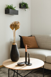 Couchtisch mit Dekoration und Couch im Hintergrund David